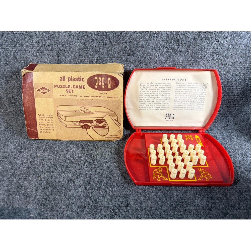 Vintage Lowe Peg-Q All Plastic Puzzle Game Set Red Marbled Case Original Box